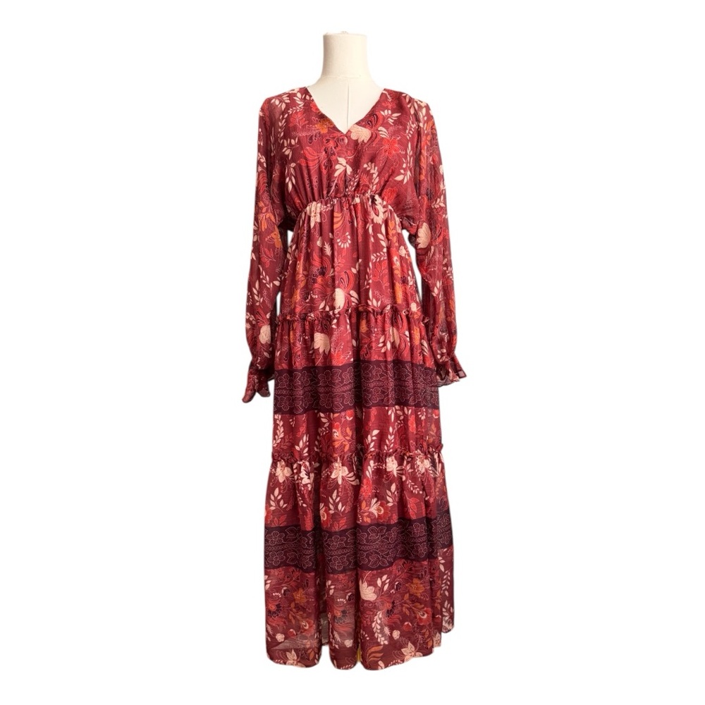 Entro Women’s Long Sleeve Floral Paisley Print Bohemian Maxi Dress Sz S